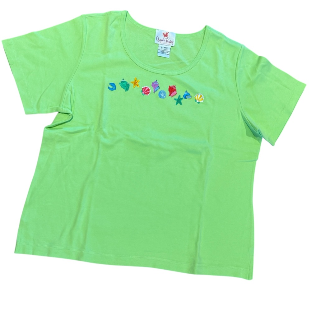 Quacker Factory Womens XL Short Sleeve T-Shirt with Colorful Seashell Embroidery